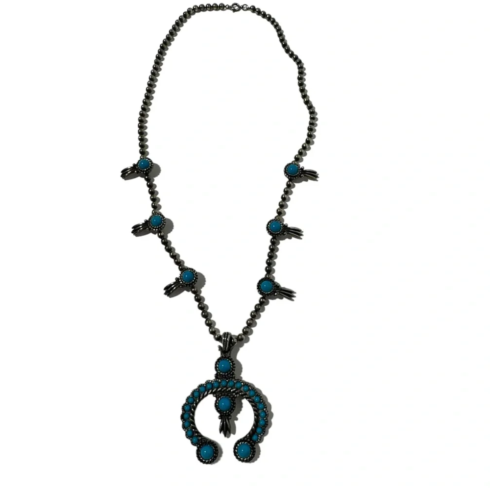 Vintage Squash Blossom Necklace Faux Turquoise Silver Tone Festival Southwest